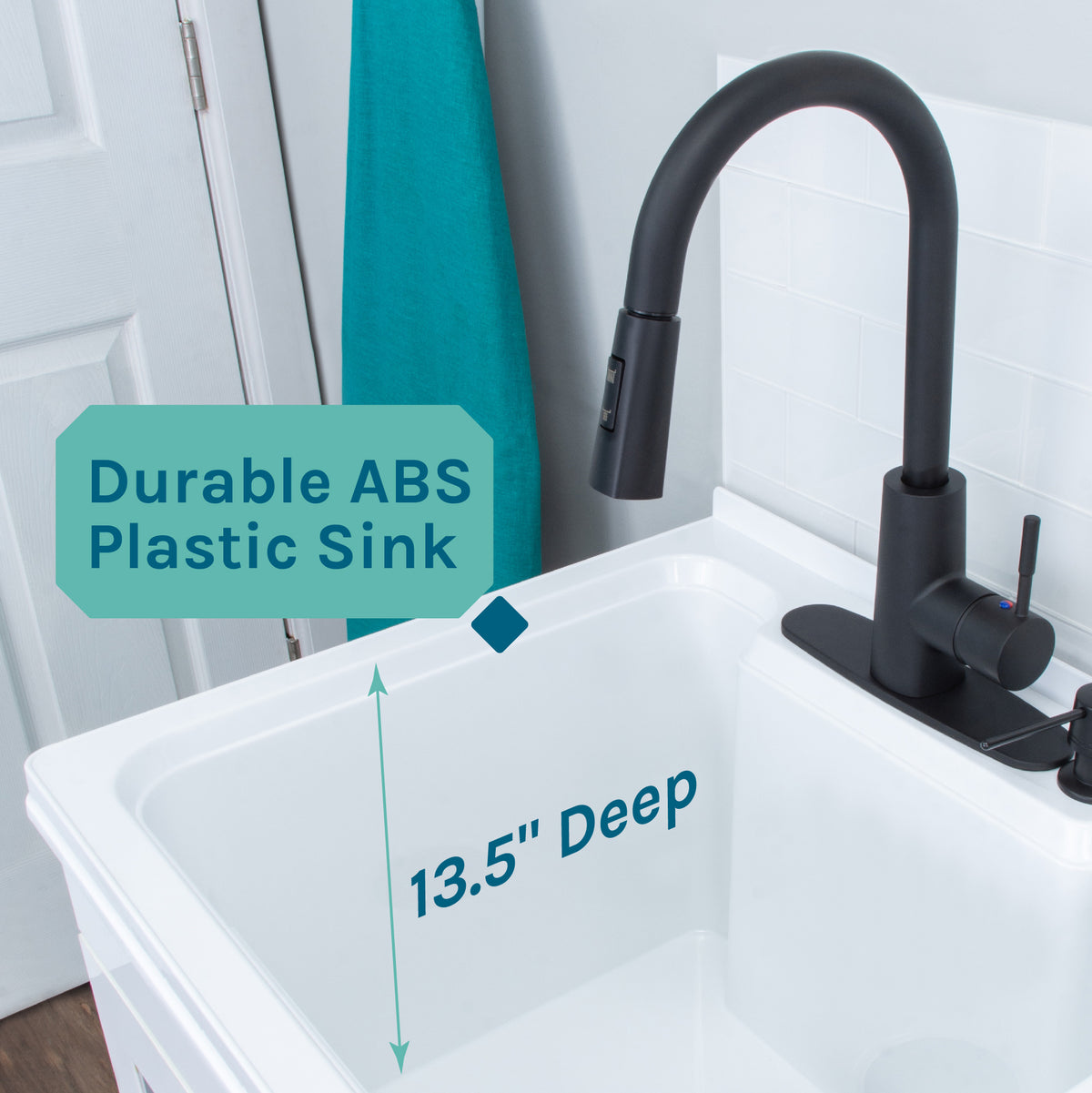 Tehila White Vanity Cabinet and White Utility Sink with Black Finish High-Arc Pull-Down Faucet - Utility sinks vanites Tehila
