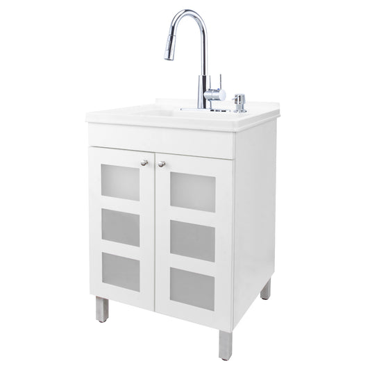 Tehila White Vanity Cabinet and White Utility Sink with Chrome Finish High-Arc Pull-Down Faucet - Utility sinks vanites Tehila