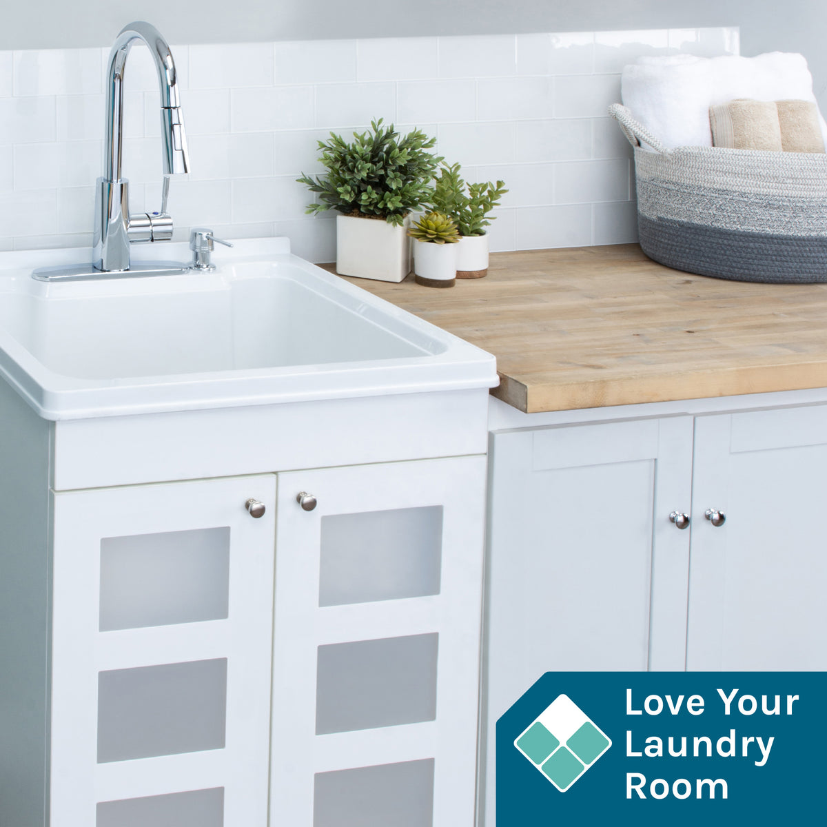 Tehila White Vanity Cabinet and White Utility Sink with Chrome Finish High-Arc Pull-Down Faucet - Utility sinks vanites Tehila