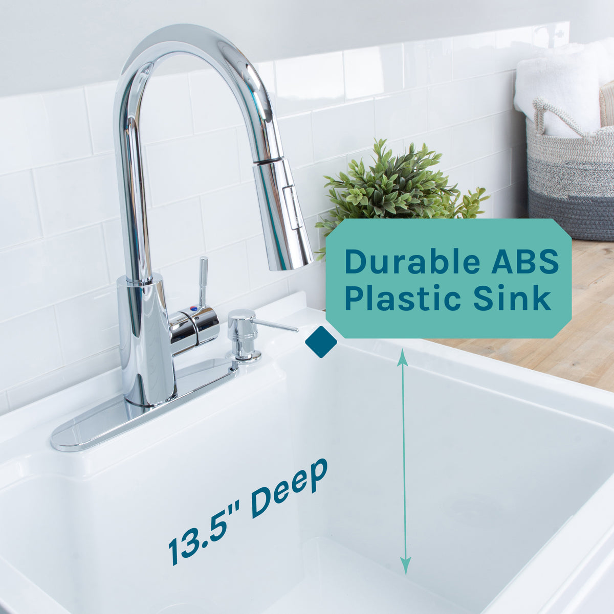Tehila White Vanity Cabinet and White Utility Sink with Chrome Finish High-Arc Pull-Down Faucet - Utility sinks vanites Tehila