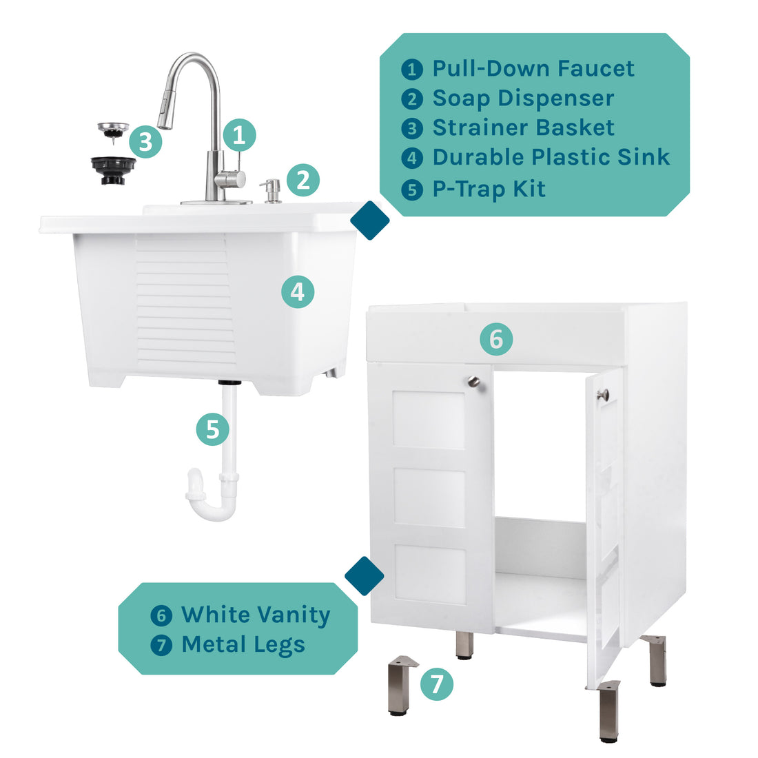 Tehila White Vanity Cabinet and White Utility Sink with Stainless Steel Finish High-Arc Pull-Down Faucet - Utility sinks vanites Tehila