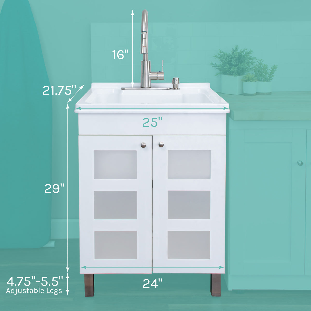 Tehila White Vanity Cabinet and White Utility Sink with Stainless Steel Finish High-Arc Pull-Down Faucet - Utility sinks vanites Tehila
