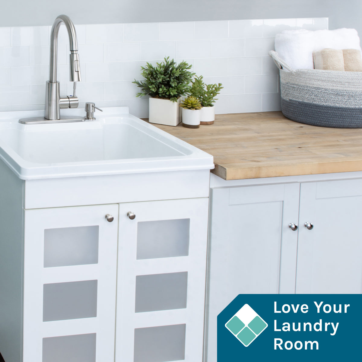Tehila White Vanity Cabinet and White Utility Sink with Stainless Steel Finish High-Arc Pull-Down Faucet - Utility sinks vanites Tehila