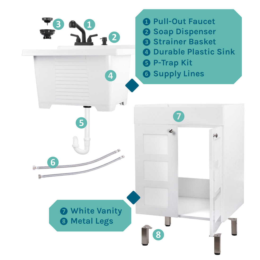Tehila White Vanity Cabinet and White Utility Sink with Black Finish Pull-Out Faucet - Utility sinks vanites Tehila