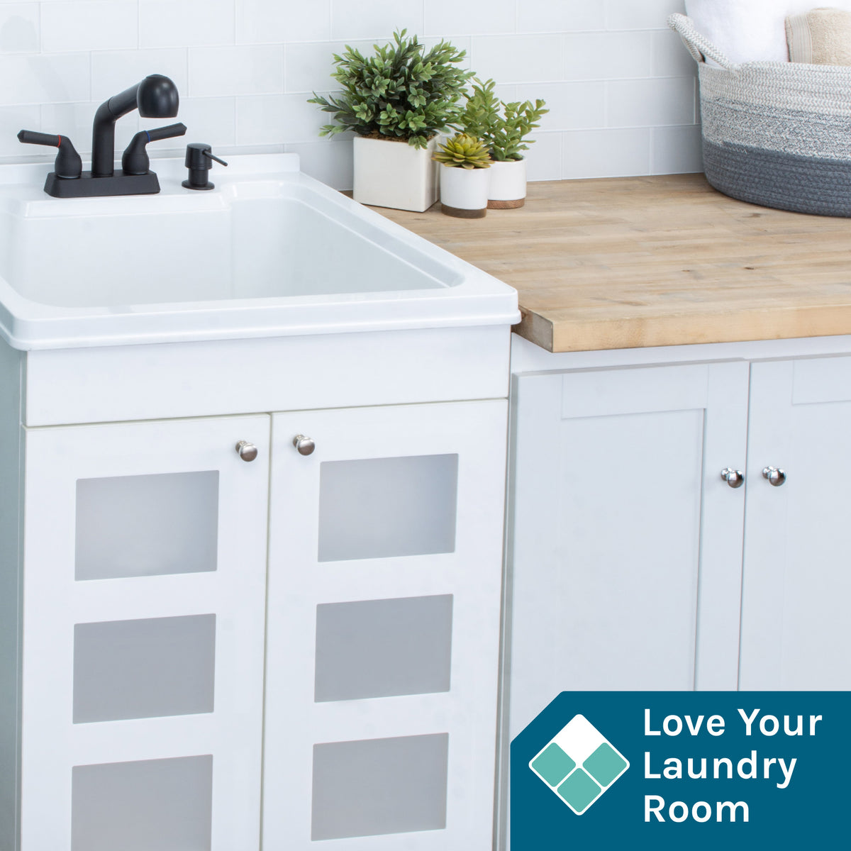Tehila White Vanity Cabinet and White Utility Sink with Black Finish Pull-Out Faucet - Utility sinks vanites Tehila