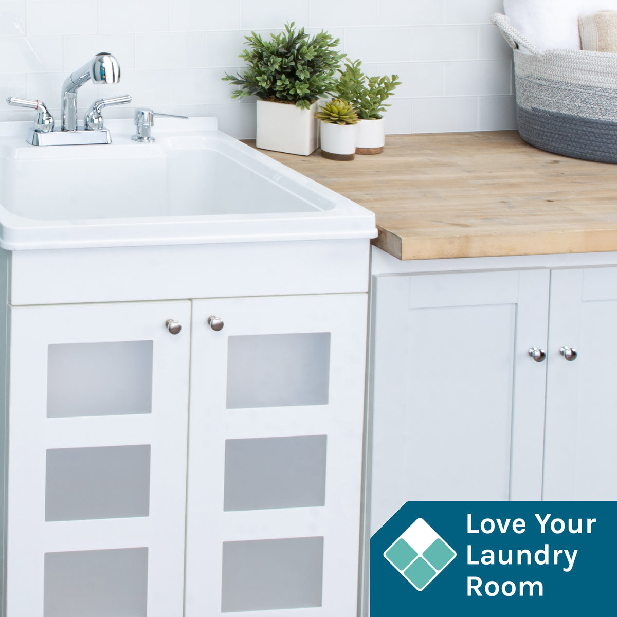 Tehila White Vanity Cabinet and White Utility Sink with Chrome Finish Pull-Out Faucet - Utility sinks vanites Tehila