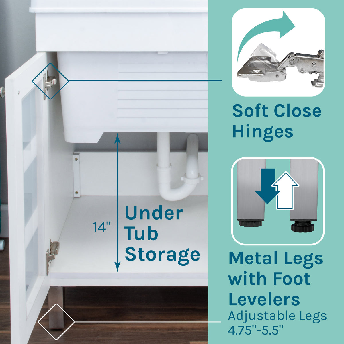 Tehila White Vanity Cabinet and White Utility Sink with Chrome Finish Pull-Out Faucet - Utility sinks vanites Tehila