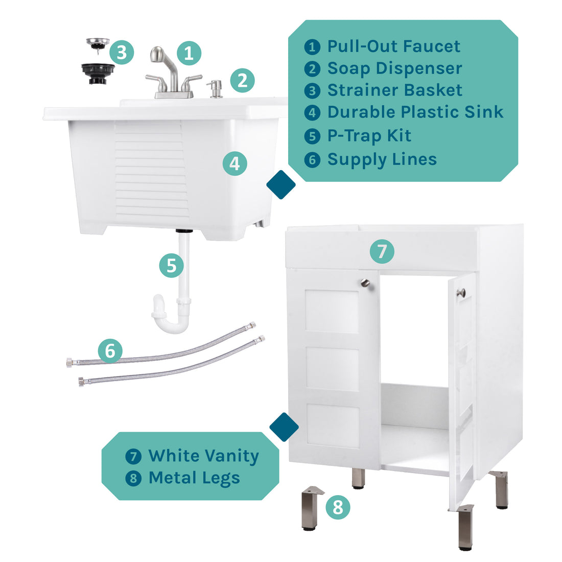 Tehila White Vanity Cabinet and White Utility Sink with Stainless Steel Finish Pull-Out Faucet - Utility sinks vanites Tehila