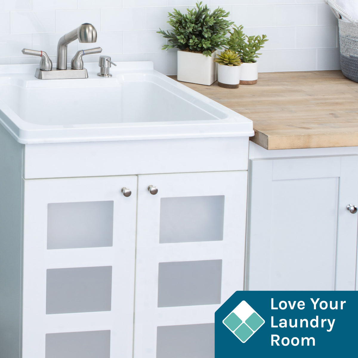 Tehila White Vanity Cabinet and White Utility Sink with Stainless Steel Finish Pull-Out Faucet - Utility sinks vanites Tehila
