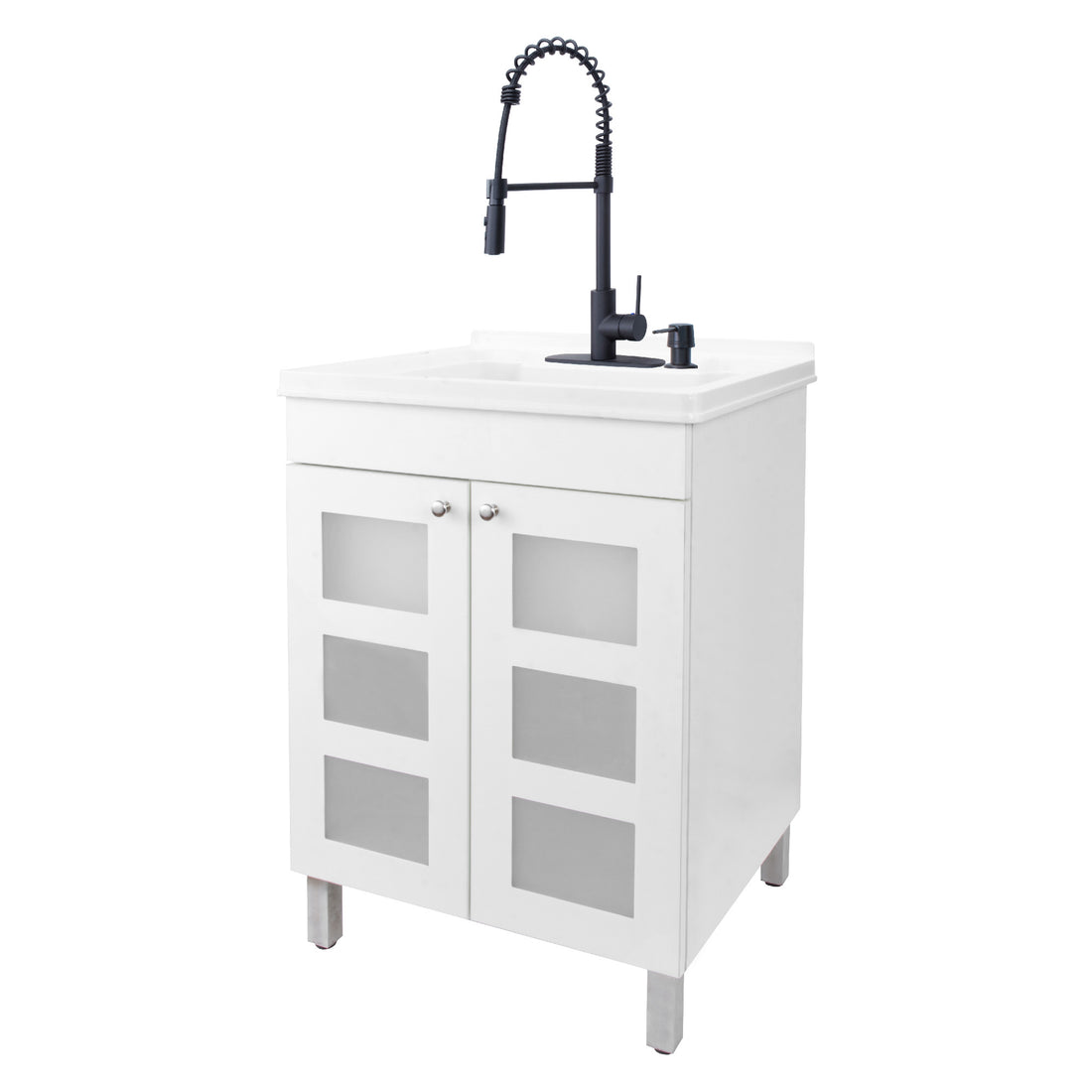 Tehila White Vanity Cabinet and White Utility Sink with Black Finish High-Arc Coil Pull-Down Faucet - Utility sinks vanites Tehila