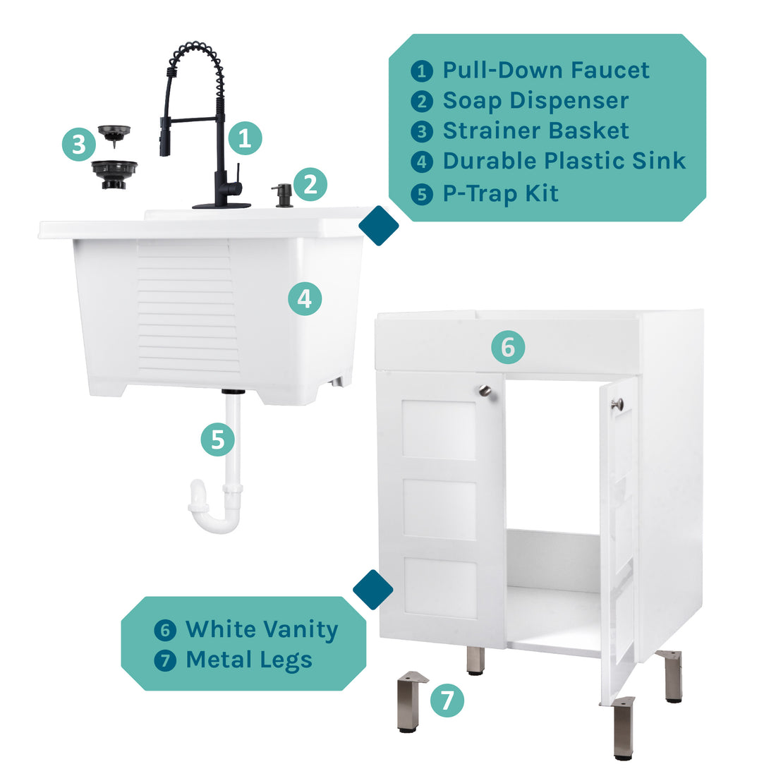 Tehila White Vanity Cabinet and White Utility Sink with Black Finish High-Arc Coil Pull-Down Faucet - Utility sinks vanites Tehila