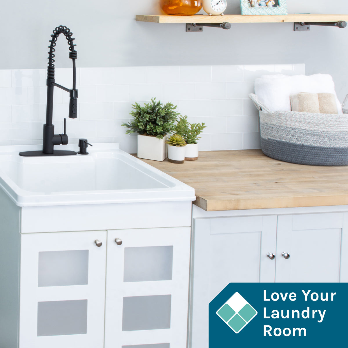 Tehila White Vanity Cabinet and White Utility Sink with Black Finish High-Arc Coil Pull-Down Faucet - Utility sinks vanites Tehila