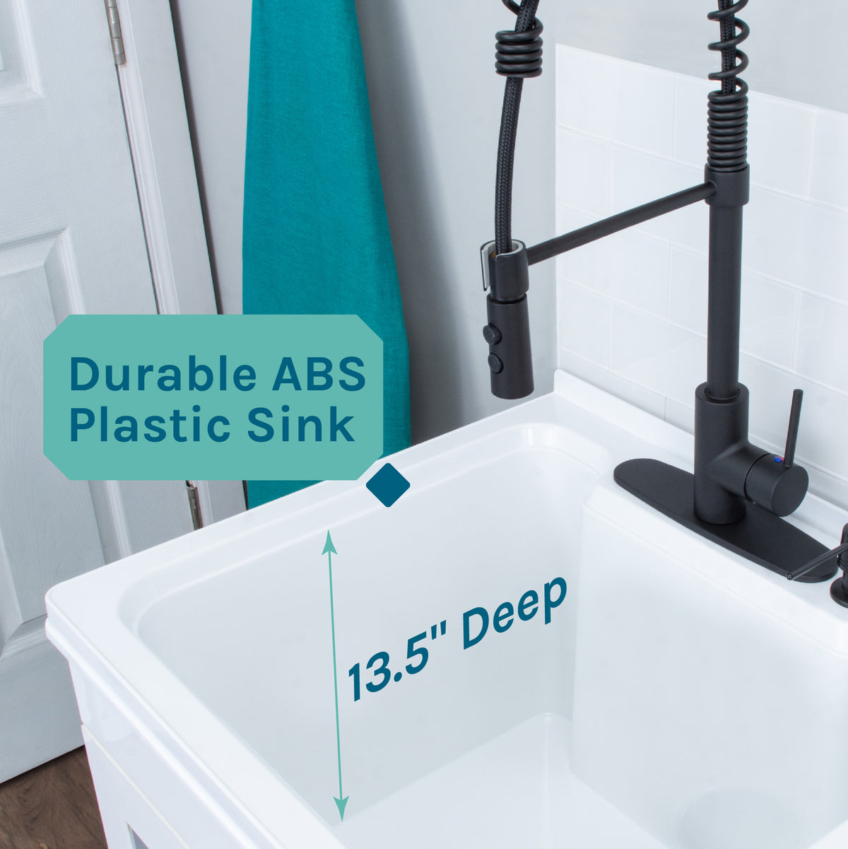 Tehila White Vanity Cabinet and White Utility Sink with Black Finish High-Arc Coil Pull-Down Faucet - Utility sinks vanites Tehila