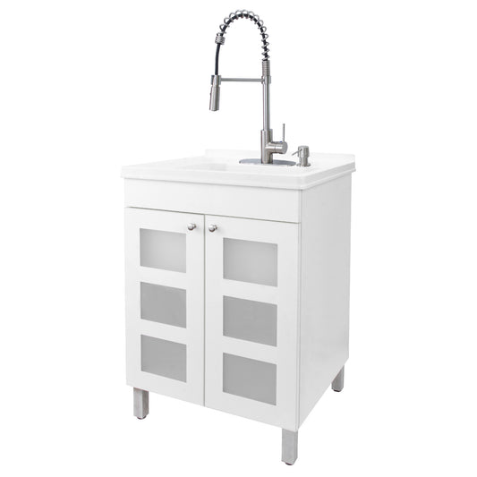 Tehila White Vanity Cabinet and White Utility Sink with Stainless Steel Finish High-Arc Coil Pull-Down Faucet - Utility sinks vanites Tehila