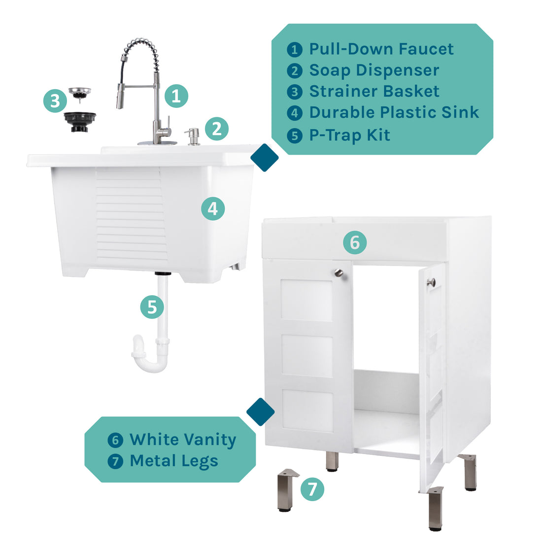 Tehila White Vanity Cabinet and White Utility Sink with Stainless Steel Finish High-Arc Coil Pull-Down Faucet - Utility sinks vanites Tehila