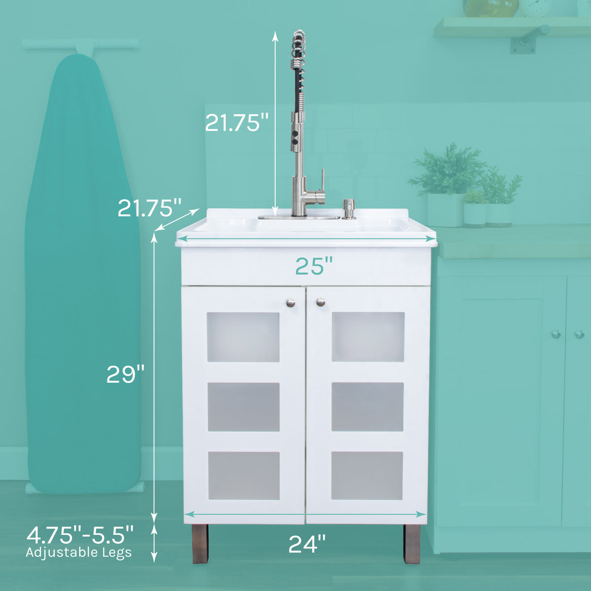 Tehila White Vanity Cabinet and White Utility Sink with Stainless Steel Finish High-Arc Coil Pull-Down Faucet - Utility sinks vanites Tehila