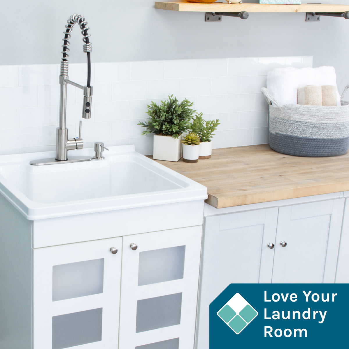 Tehila White Vanity Cabinet and White Utility Sink with Stainless Steel Finish High-Arc Coil Pull-Down Faucet - Utility sinks vanites Tehila