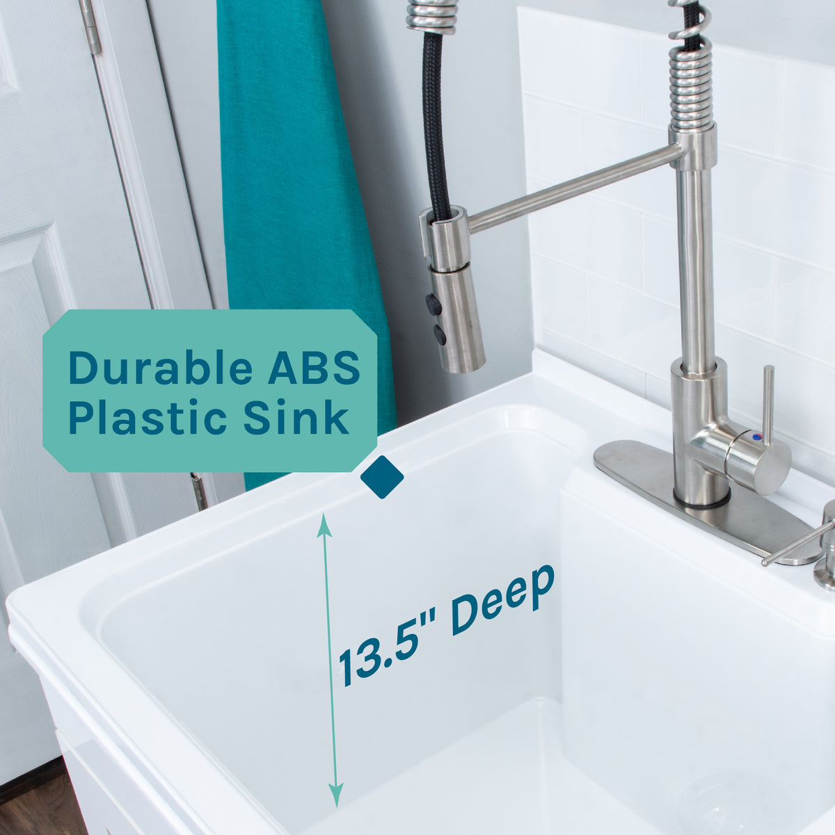 Tehila White Vanity Cabinet and White Utility Sink with Stainless Steel Finish High-Arc Coil Pull-Down Faucet - Utility sinks vanites Tehila