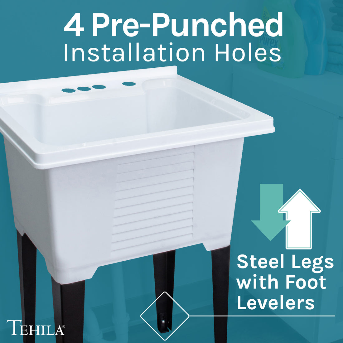 4 Pre-Punched Installation Holes and Steel Legs  with Foot levelers Utility Sink
