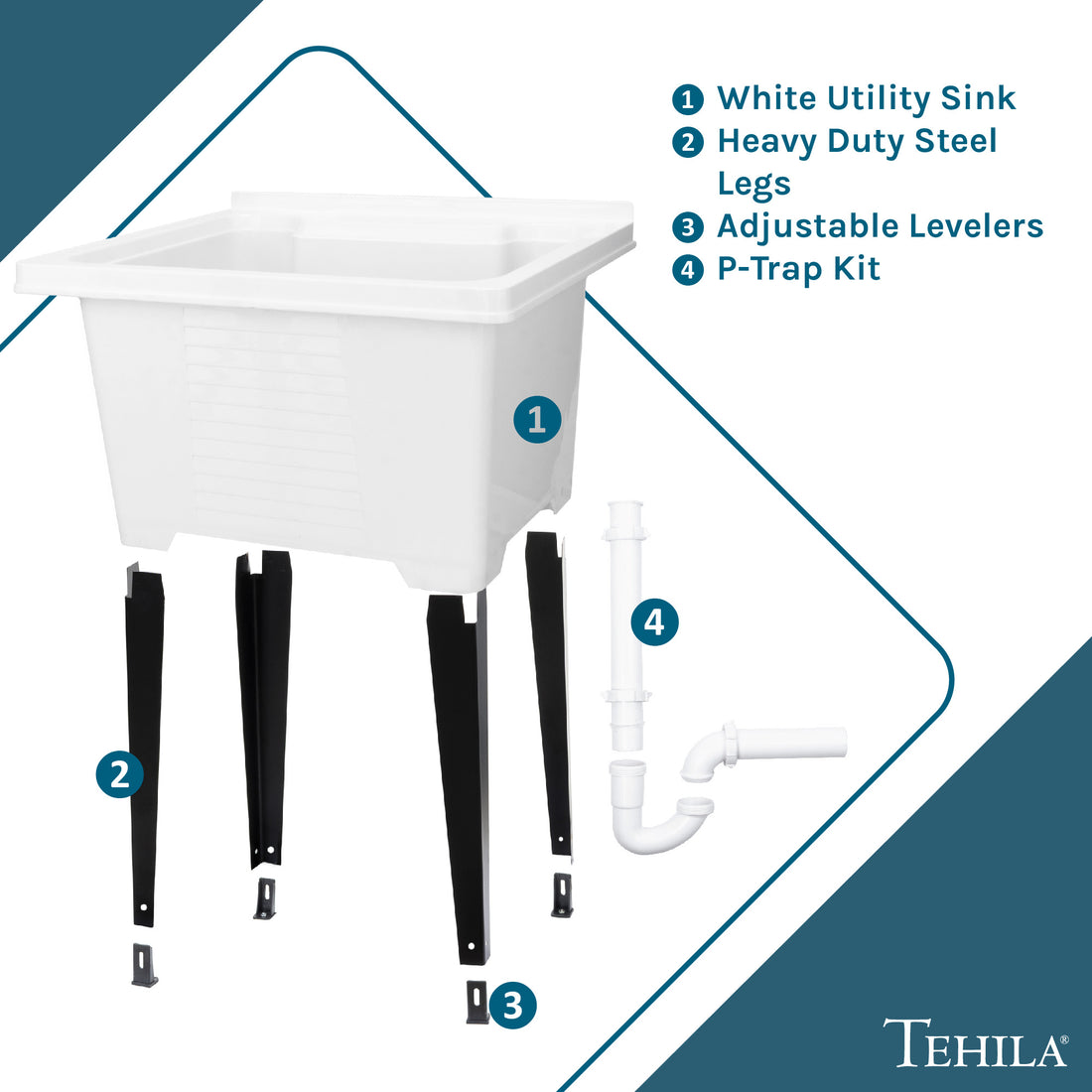 White Utility Sink  | Heavy Duty Steel Legs | Adjustable Levelers | P-Trap Kit