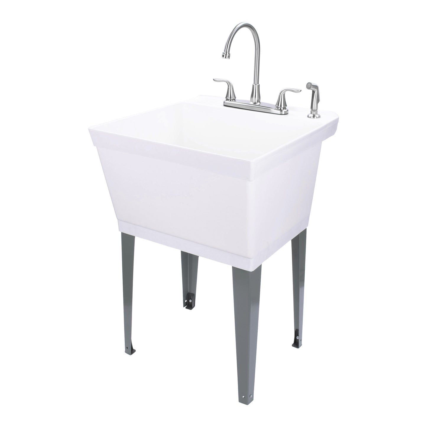 Tehila Standard Freestanding White Utility Sink with Grey Legs and Stainless Steel Finish Wide-set Gooseneck Faucet with Side Sprayer - Utility sinks vanites Tehila