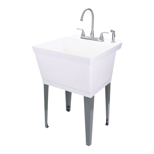 Tehila Standard Freestanding White Utility Sink with Grey Legs and Stainless Steel Finish Wide-set Gooseneck Faucet with Side Sprayer - Utility sinks vanites Tehila