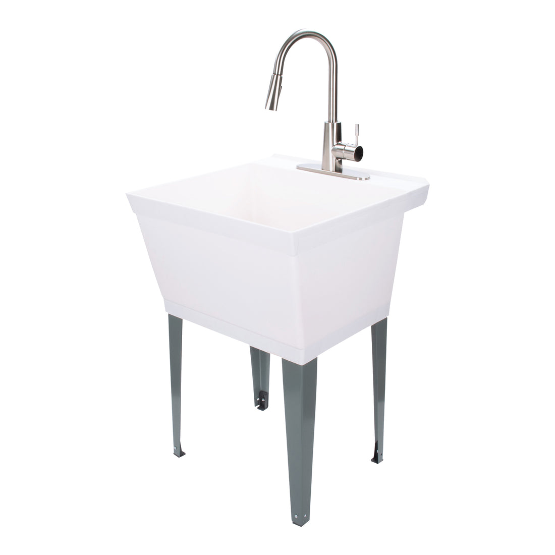 Tehila Standard Freestanding White Utility Sink with Stainless Steel Finish High-Arc Pull-Down Faucet - Utility sinks vanites Tehila