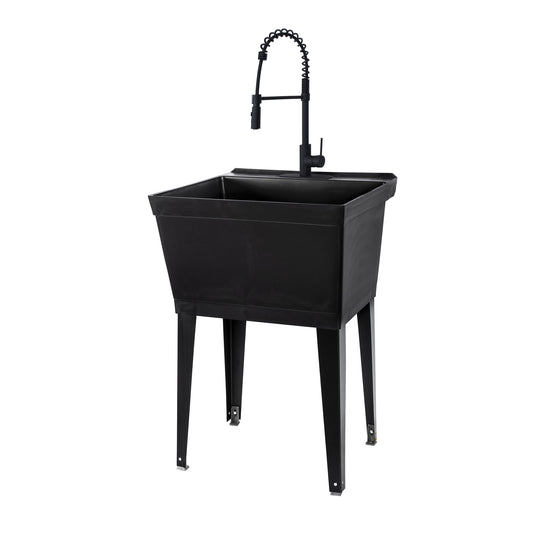 Tehila Standard Freestanding Black Utility Sink with Black Finish High-Arc Coil Pull-Down Faucet - Utility sinks vanites Tehila