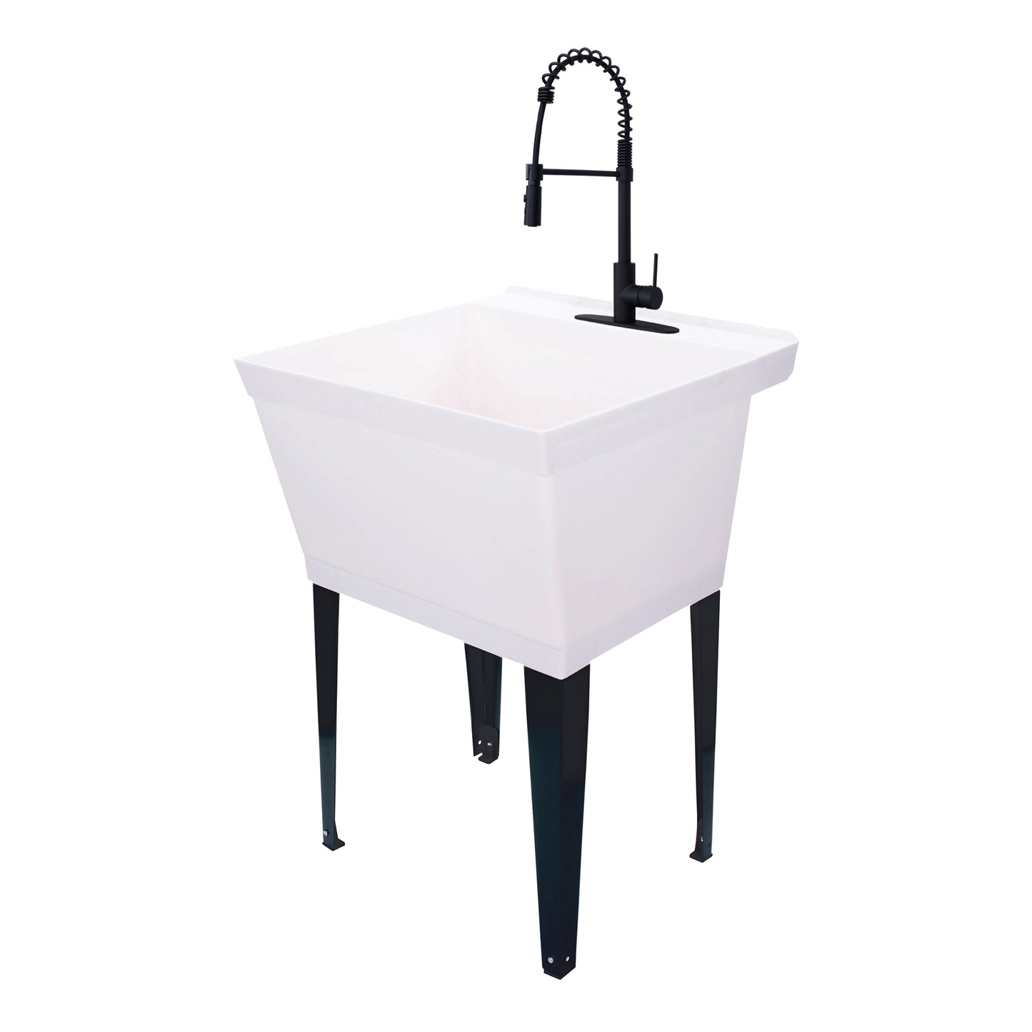 Tehila Standard Freestanding White Utility Sink with Black Finish High-Arc Coil Pull-Down Faucet - Utility sinks vanites Tehila