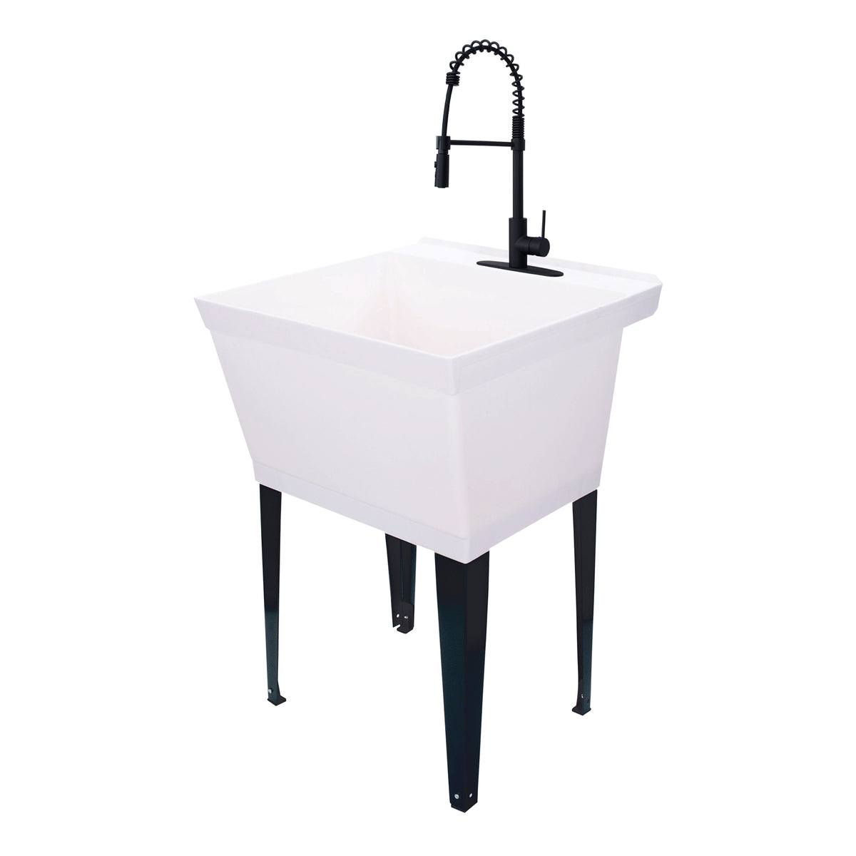 Tehila Standard Freestanding White Utility Sink with Black Finish High-Arc Coil Pull-Down Faucet - Utility sinks vanites Tehila