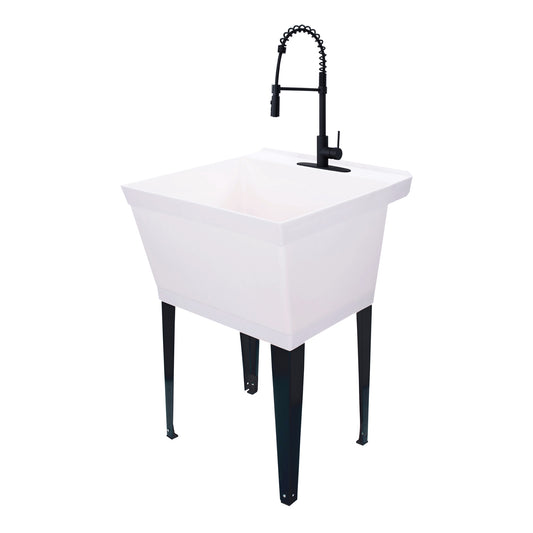 Tehila Standard Freestanding White Utility Sink with Black Finish High-Arc Coil Pull-Down Faucet - Utility sinks vanites Tehila