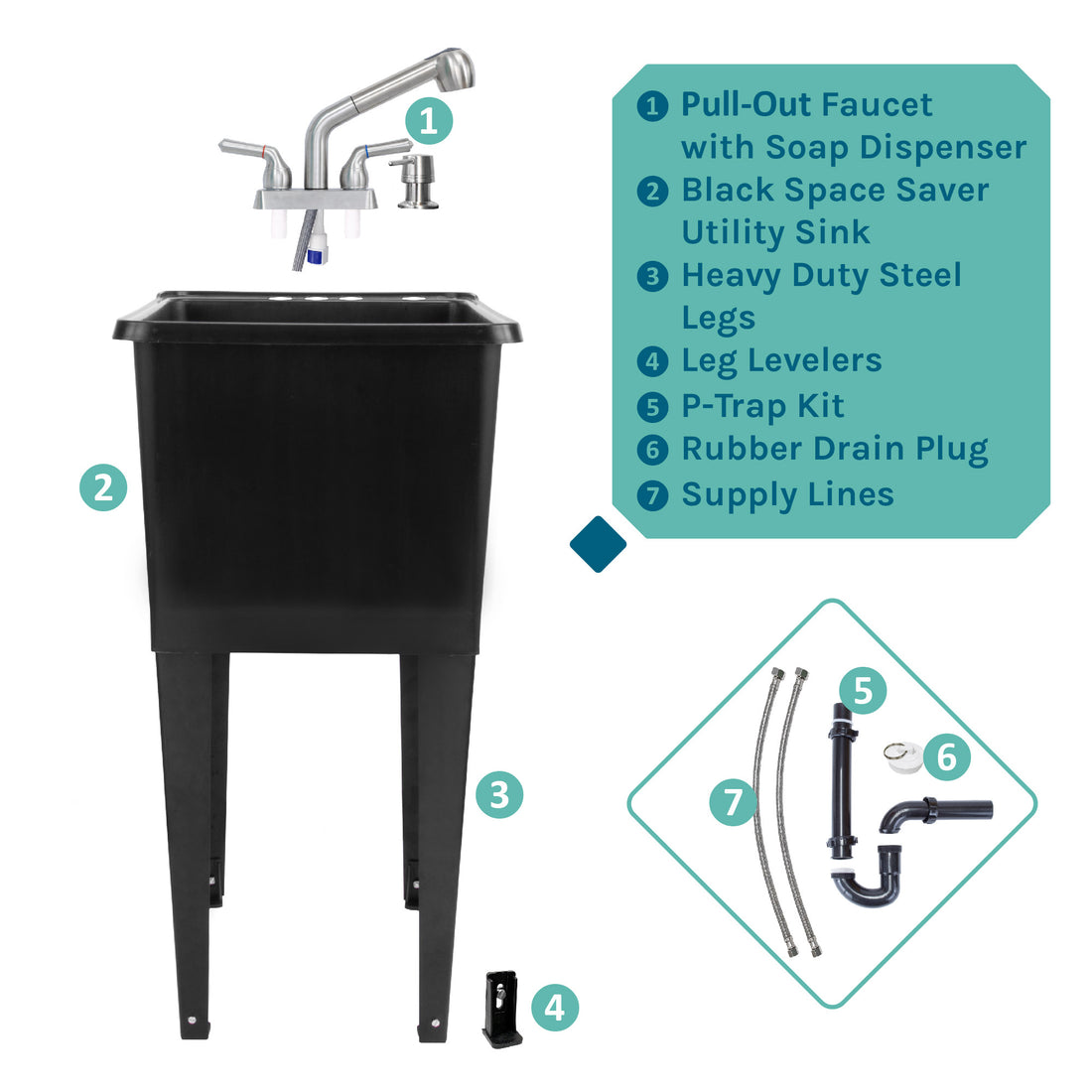 Tehila Space Saver Freestanding Black Utility Sink with Stainless Steel Finish Pull-Out Faucet - Utility sinks vanites Tehila