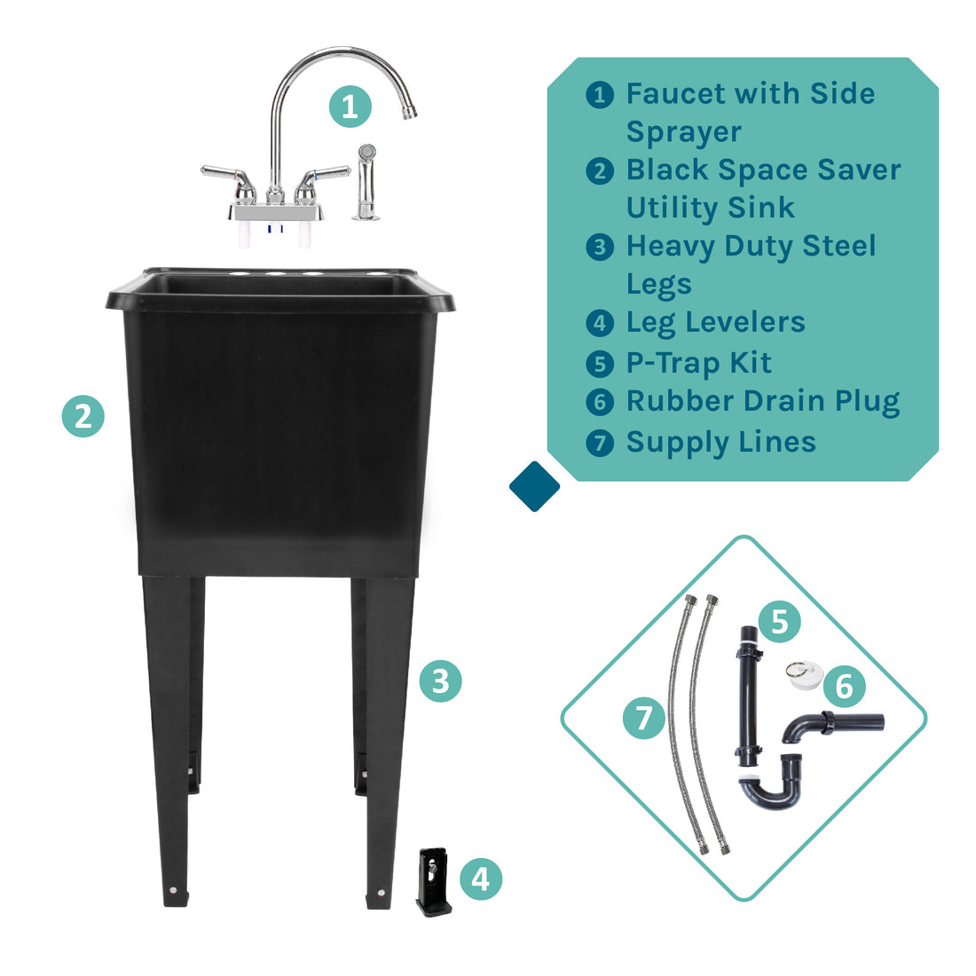 Tehila Space Saver Freestanding Black Utility Sink with Chrome Finish Gooseneck Faucet and Side Sprayer - Utility sinks vanites Tehila