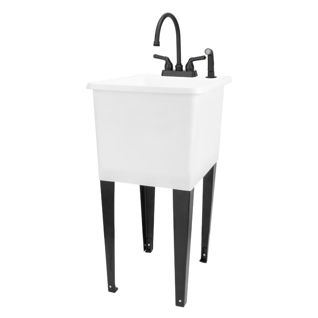 Tehila Space Saver Freestanding White Utility Sink with Black Finish Gooseneck Faucet and Side Sprayer - Utility sinks vanites Tehila