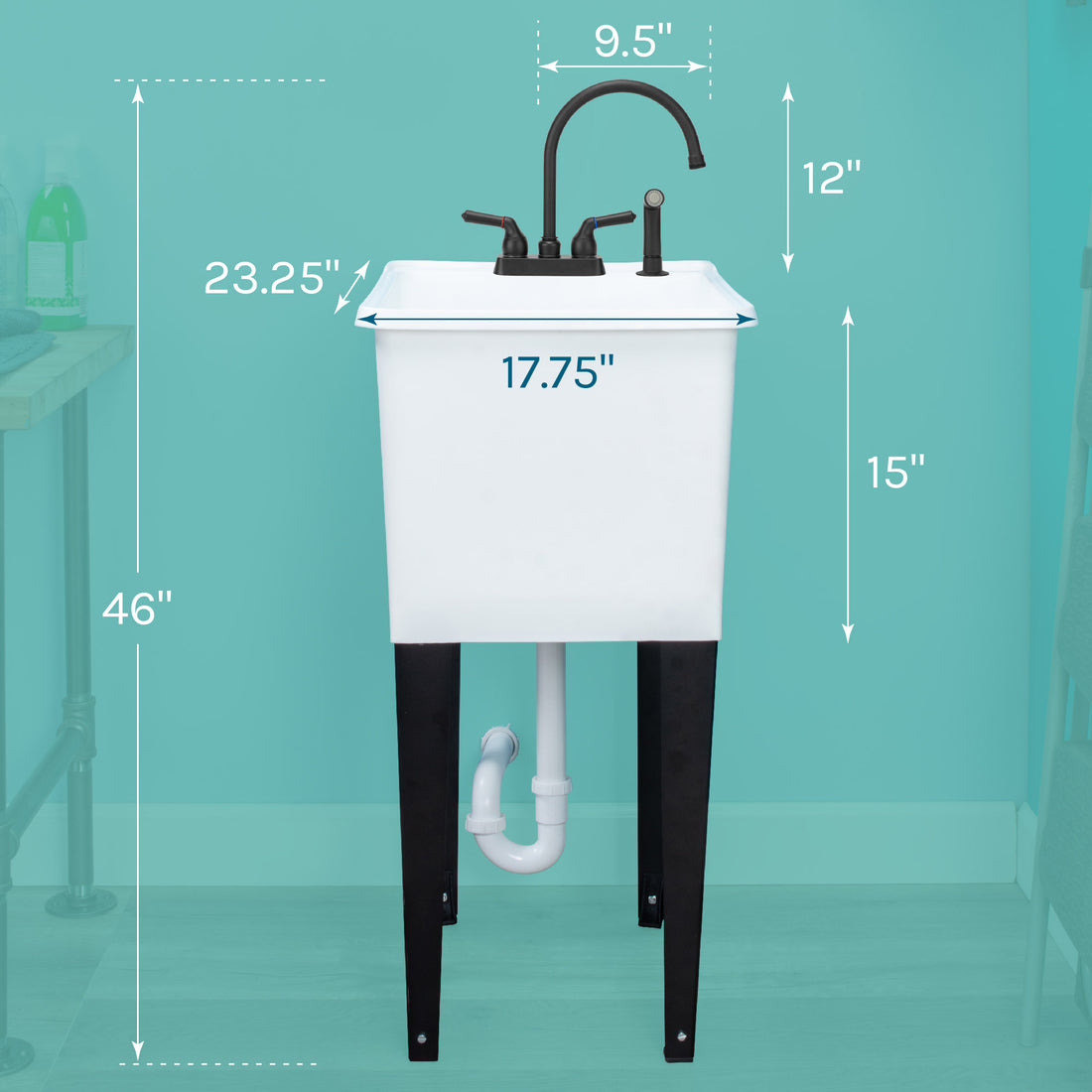 Tehila Space Saver Freestanding White Utility Sink with Black Finish Gooseneck Faucet and Side Sprayer - Utility sinks vanites Tehila