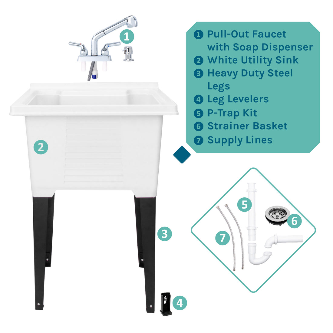 Tehila Luxe Freestanding White Utility Sink with Chrome Finish Pull-Out Faucet - Utility sinks vanites Tehila