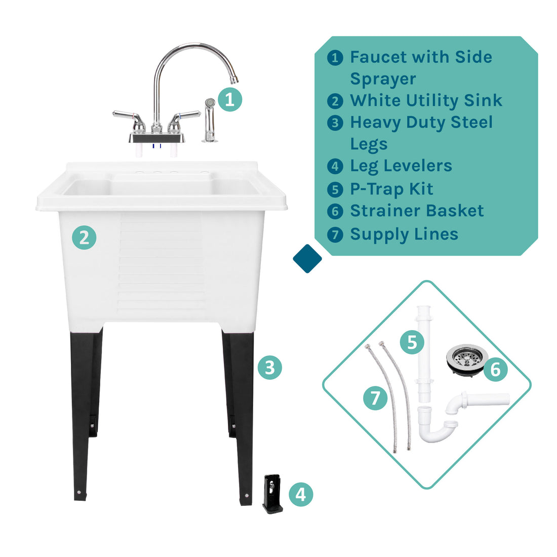 Tehila Luxe Freestanding White Utility Sink with Chrome Finish Gooseneck Faucet - Utility sinks vanites Tehila