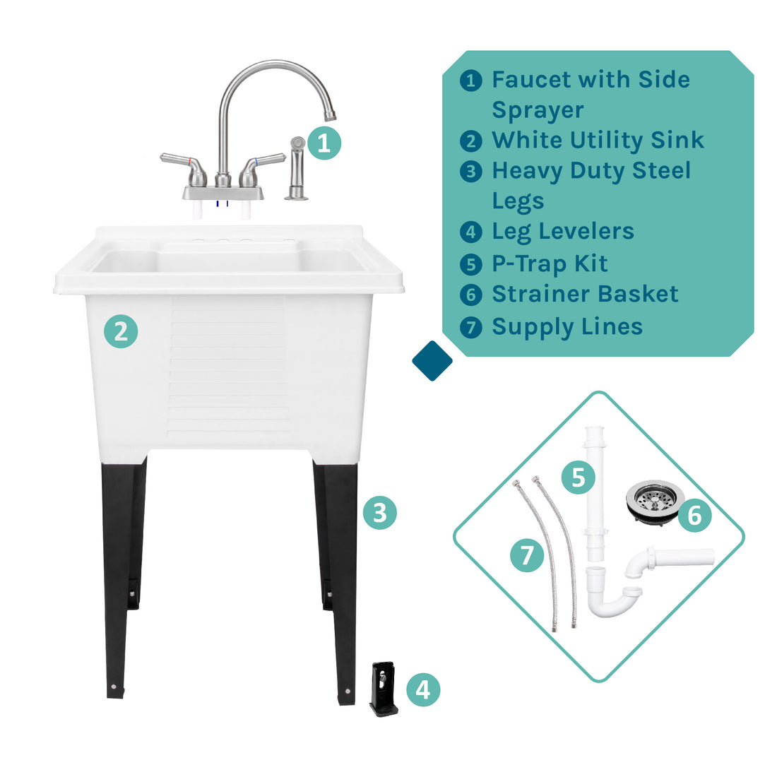 Tehila Luxe Freestanding White Utility Sink with Stainless Steel Finish Gooseneck Faucet - Utility sinks vanites Tehila