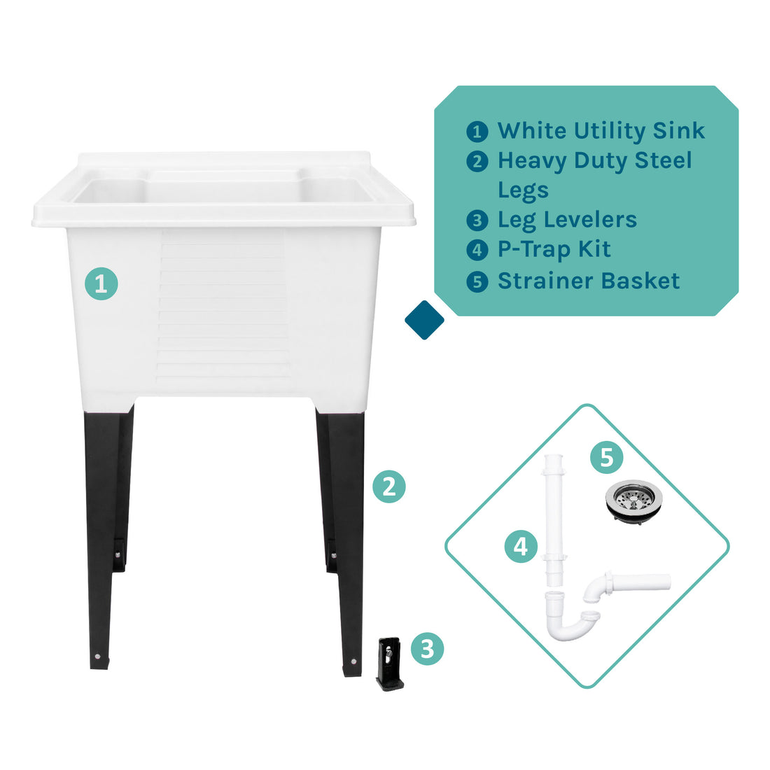 Tehila Luxe Freestanding White Utility Sink with Drainage Kit - Utility sinks vanites Tehila