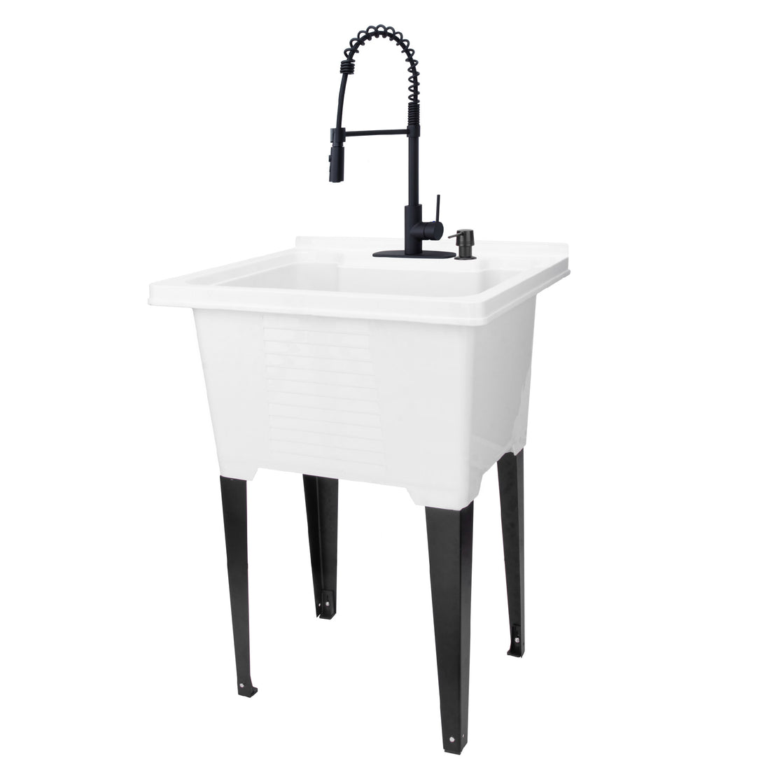 Tehila Luxe Freestanding White Utility Sink with Black Finish High-Arc Coil Pull-Down Faucet - Utility sinks vanites Tehila