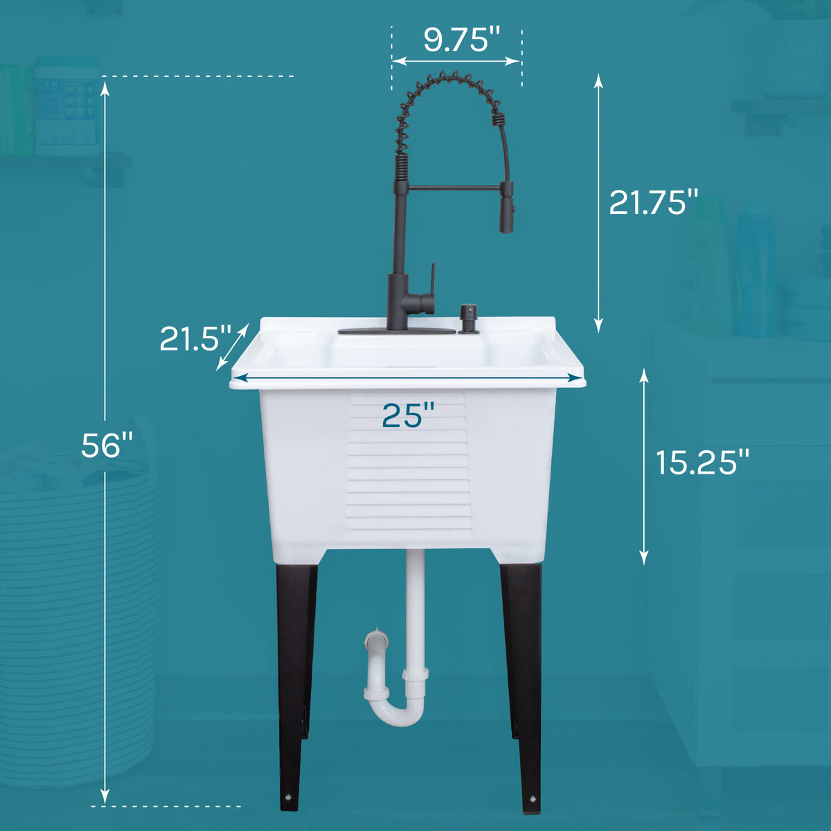 Tehila Luxe Freestanding White Utility Sink with Black Finish High-Arc Coil Pull-Down Faucet - Utility sinks vanites Tehila