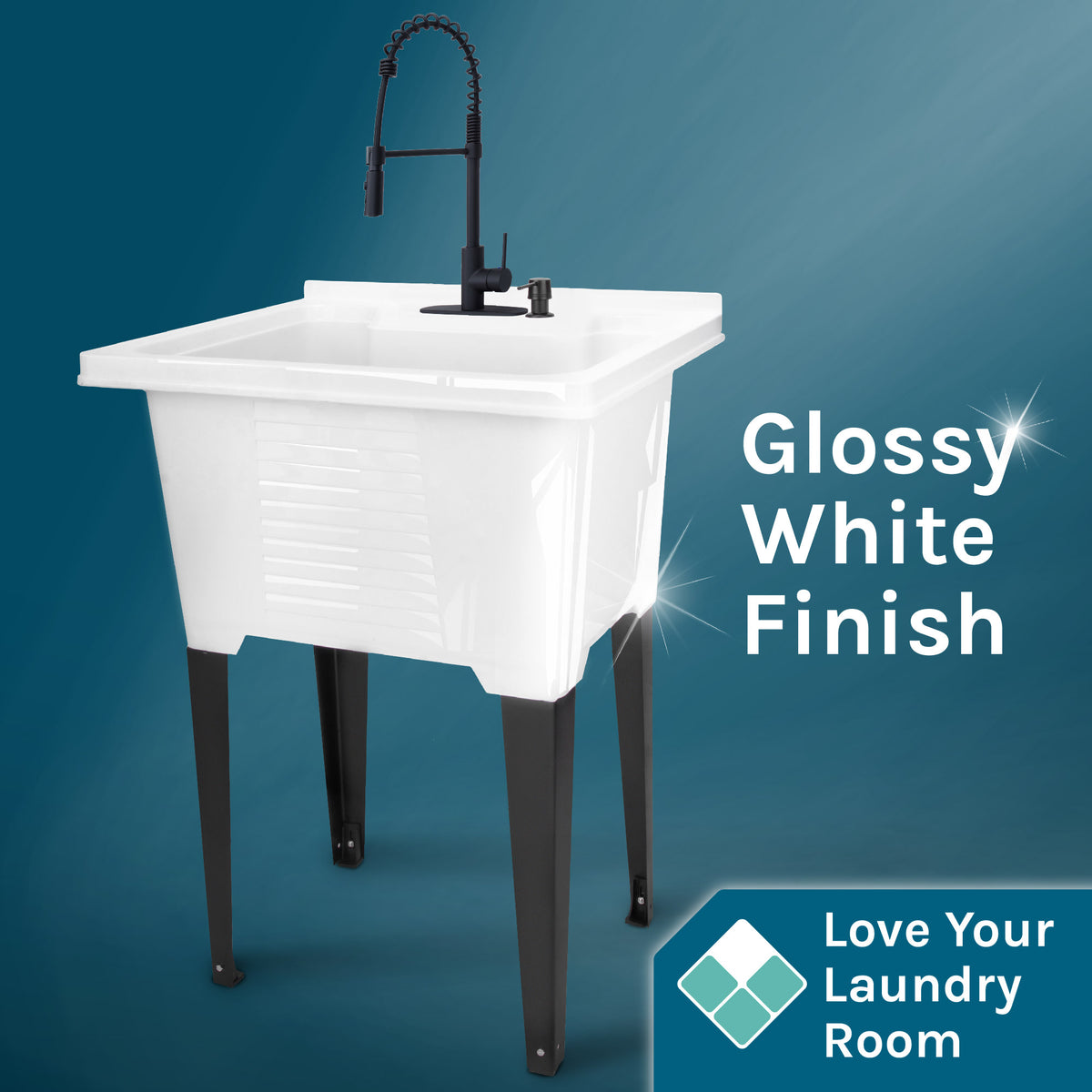 Tehila Luxe Freestanding White Utility Sink with Black Finish High-Arc Coil Pull-Down Faucet - Utility sinks vanites Tehila