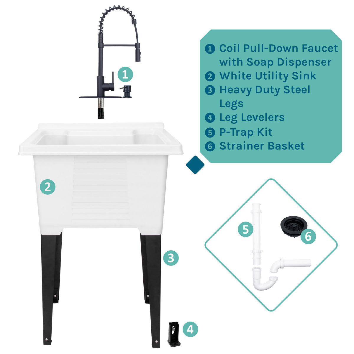 Tehila Luxe Freestanding White Utility Sink with Black Finish High-Arc Coil Pull-Down Faucet - Utility sinks vanites Tehila