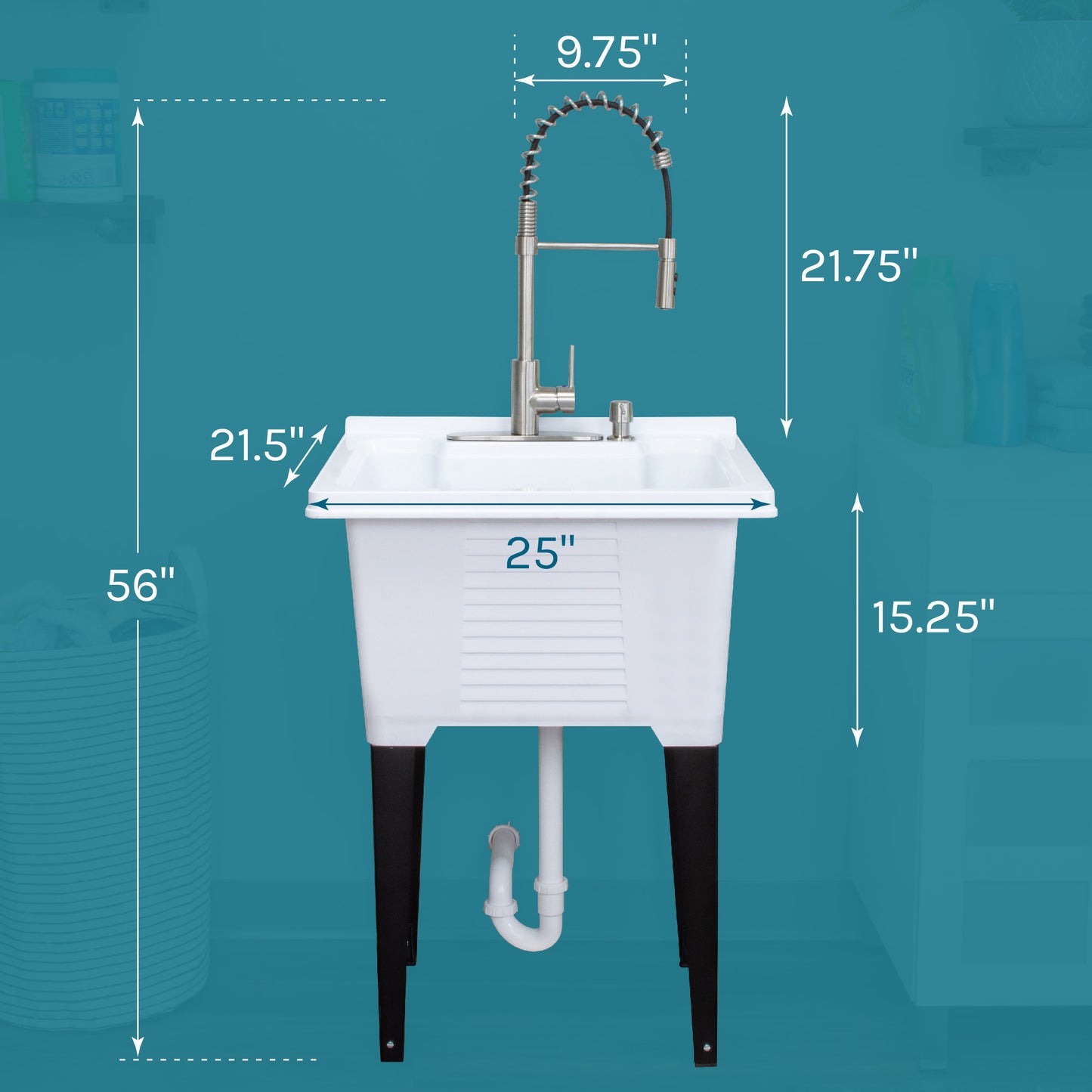 Tehila Luxe Freestanding White Utility Sink with Stainless Steel Finish High-Arc Coil Pull-Down Faucet - Utility sinks vanites Tehila