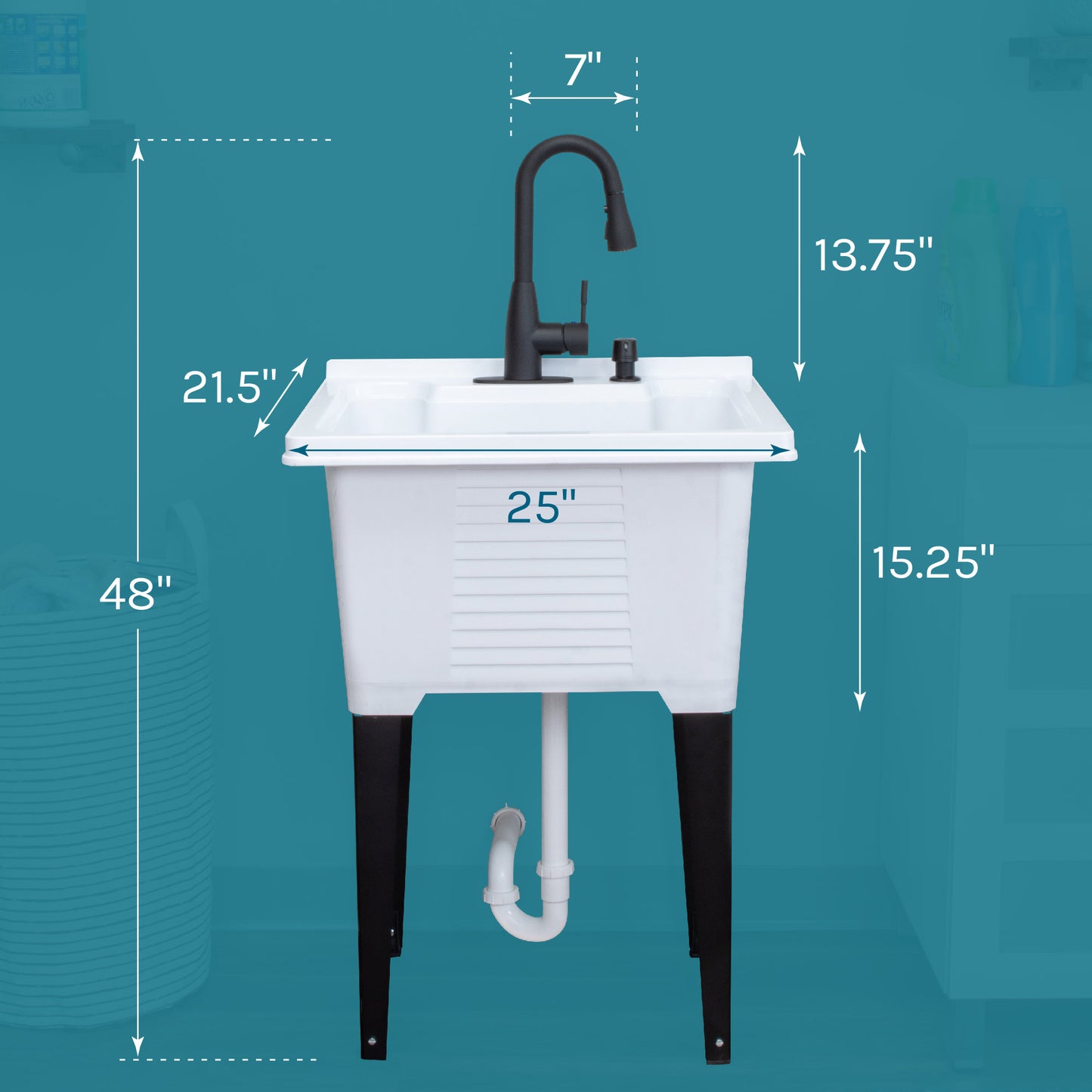 Tehila Luxe Freestanding White Utility Sink with Black Finish Low-Profile Pull-Down Faucet - Utility sinks vanites Tehila