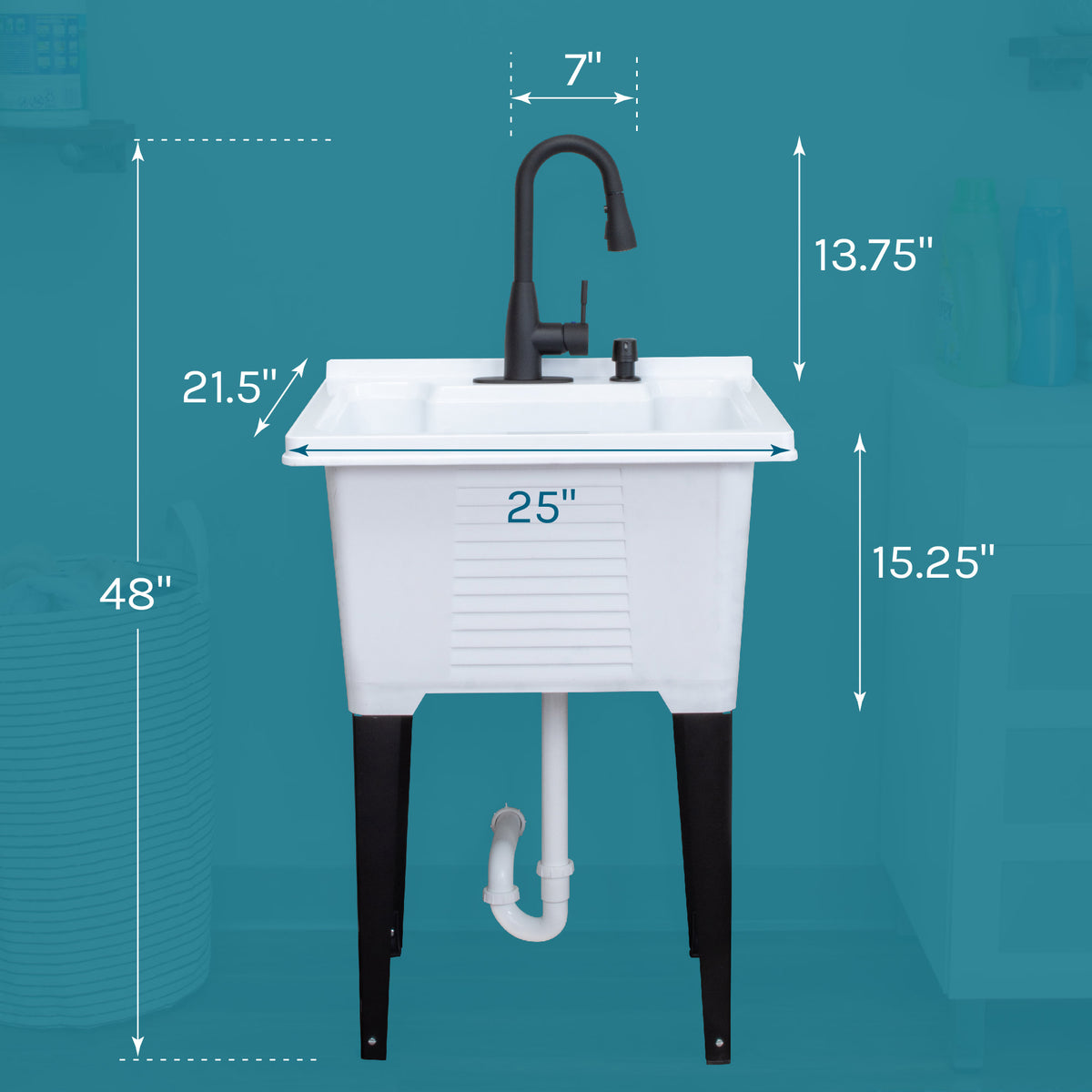 Tehila Luxe Freestanding White Utility Sink with Black Finish Low-Profile Pull-Down Faucet - Utility sinks vanites Tehila