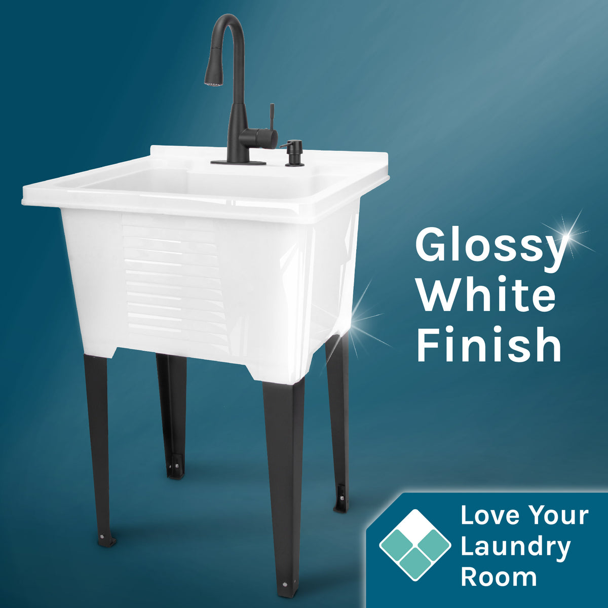 Tehila Luxe Freestanding White Utility Sink with Black Finish Low-Profile Pull-Down Faucet - Utility sinks vanites Tehila