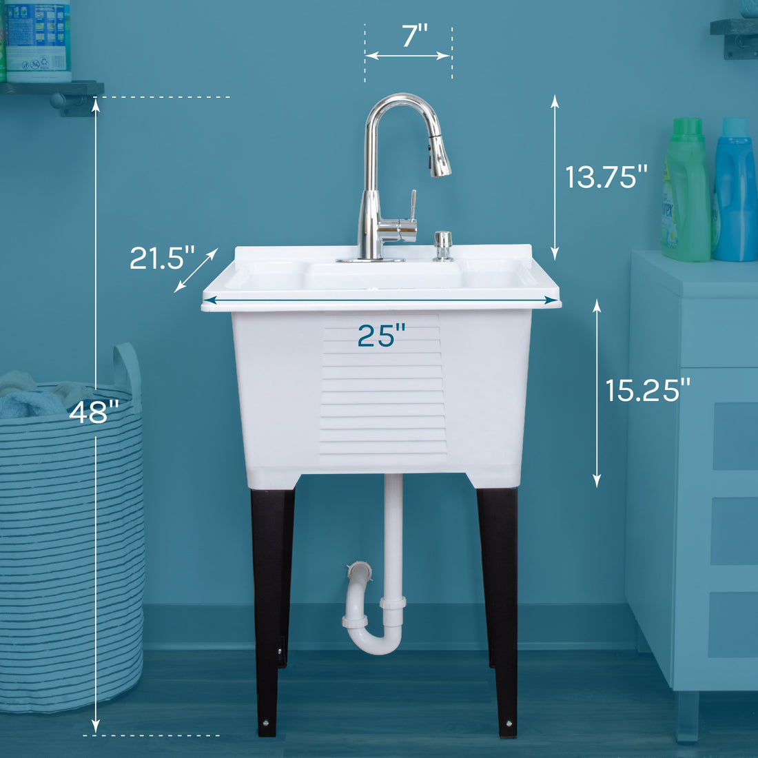 Tehila Luxe Freestanding White Utility Sink with Chrome Finish Low-Profile Pull-Down Faucet - Utility sinks vanites Tehila