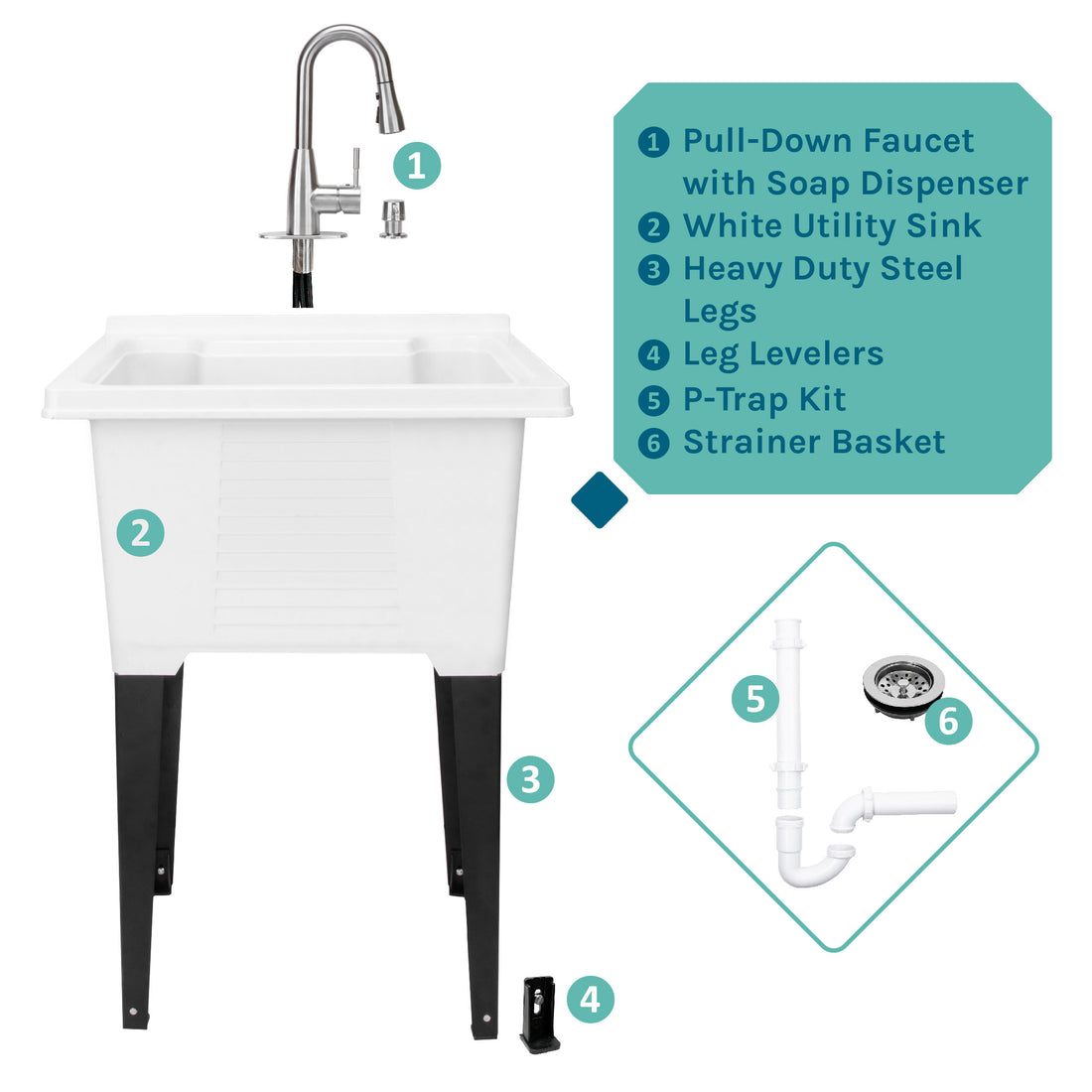 Tehila Luxe Freestanding White Utility Sink with Stainless Steel Finish Low-Profile Pull-Down Faucet - Utility sinks vanites Tehila