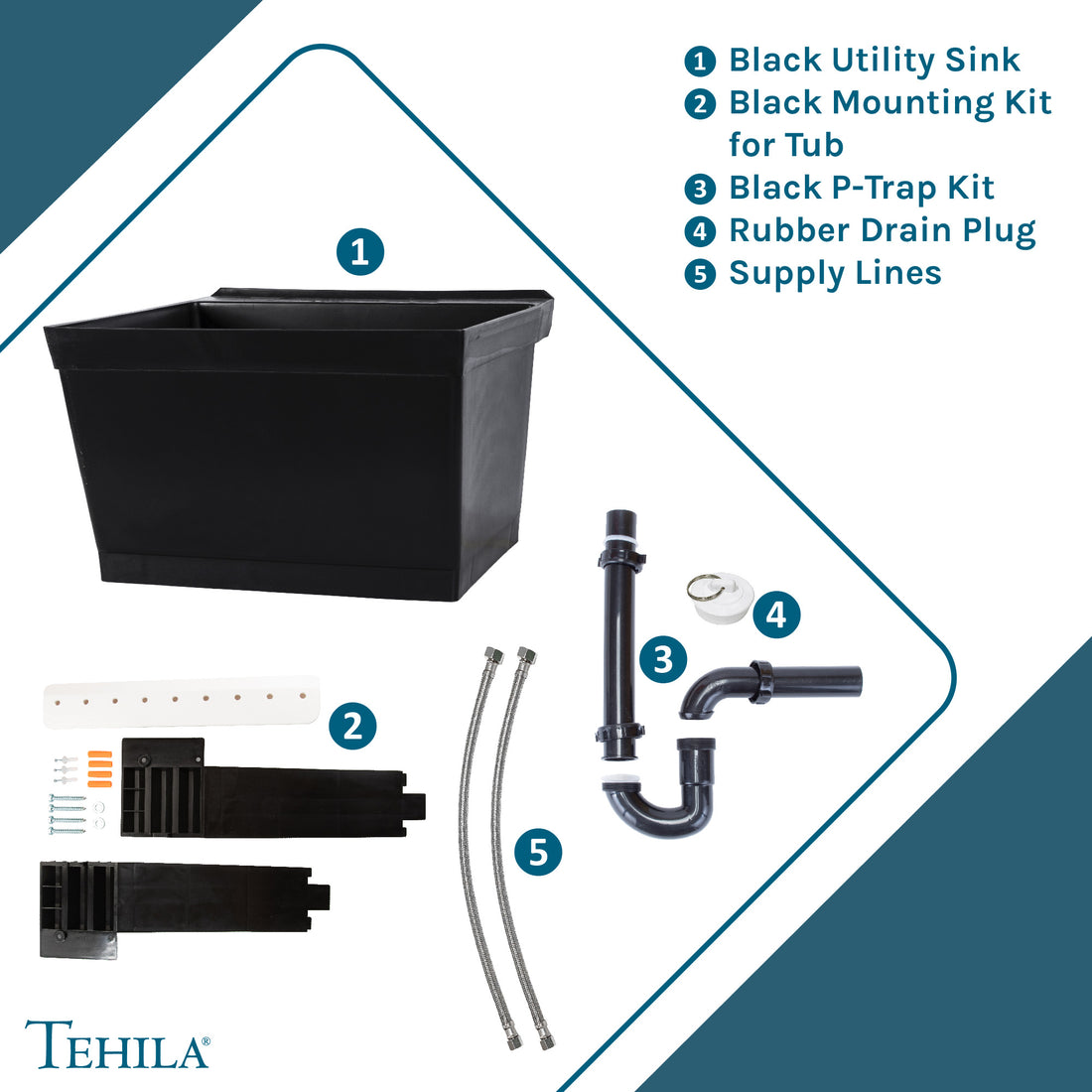 Tehila Standard Wall-Mounted Black Utility Sink, Water Supply Lines Included - Utility sinks vanites Tehila